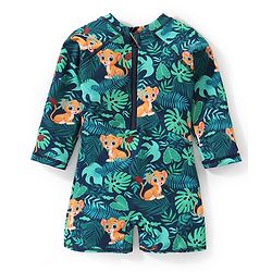 Babyhug Water Repellant Full Sleeves Legged Swimsuit Leaves Print - Navy Blue