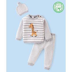 Babyhug Organic Cotton Knit Full Sleeves Striped Sweater Set & Cap with Giraffe Design - Grey & White