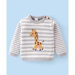 Babyhug Organic Cotton Knit Full Sleeves Striped Sweater Set & Cap with Giraffe Design - Grey & White