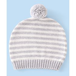 Babyhug Organic Cotton Knit Full Sleeves Striped Sweater Set & Cap with Giraffe Design - Grey & White