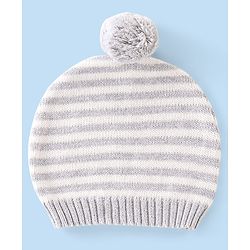 Babyhug Organic Cotton Knit Full Sleeves Striped Sweater Set & Cap with Giraffe Design - Grey & White