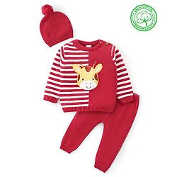 Babyhug Organic Cotton Knit Full Sleeves Sweater Set with Cap Reindeer Patch & Stripes - Red & White