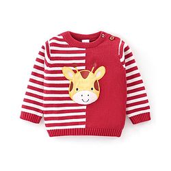 Babyhug Organic Cotton Knit Full Sleeves Sweater Set with Cap Reindeer Patch & Stripes - Red & White