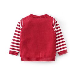 Babyhug Organic Cotton Knit Full Sleeves Sweater Set with Cap Reindeer Patch & Stripes - Red & White