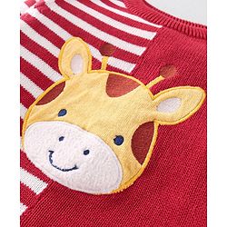Babyhug Organic Cotton Knit Full Sleeves Sweater Set with Cap Reindeer Patch & Stripes - Red & White