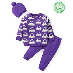 Babyhug Knit Full Sleeves Pullover Sweater Set with Cap & Car Design - Purple
