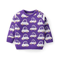 Babyhug Knit Full Sleeves Pullover Sweater Set with Cap & Car Design - Purple