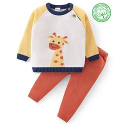 Babyhug Knit Full Sleeves Sweater Set with Giraffe Design - Yellow & Rust