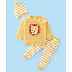 Babyhug Full Sleeves Sweater Set with Cap Lion Design - Yellow