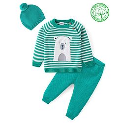 Babyhug Cotton Knit Full Raglan Sleeves Sweater Set with Cap & Stripes Design - Teal Blue