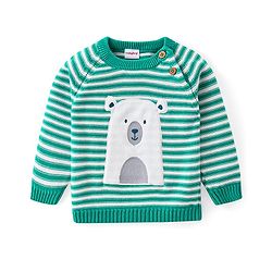 Babyhug Cotton Knit Full Raglan Sleeves Sweater Set with Cap & Stripes Design - Teal Blue