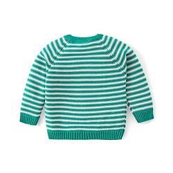 Babyhug Cotton Knit Full Raglan Sleeves Sweater Set with Cap & Stripes Design - Teal Blue