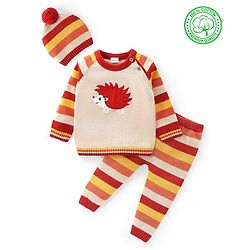 Babyhug Organic Cotton Knit Raglan Full Sleeves Striped Sweater Set & Cap with Porcupine Patch Detailing - Beige & Rust