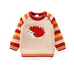 Babyhug Organic Cotton Knit Raglan Full Sleeves Striped Sweater Set & Cap with Porcupine Patch Detailing - Beige & Rust