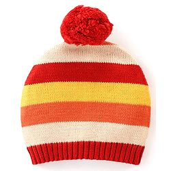 Babyhug Organic Cotton Knit Raglan Full Sleeves Striped Sweater Set & Cap with Porcupine Patch Detailing - Beige & Rust