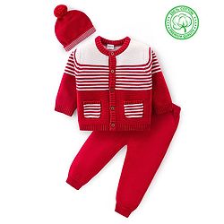 Babyhug Knit Full Sleeves Front Open Sweater Set with Cap & Stripes Design - Red & White