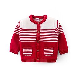 Babyhug Knit Full Sleeves Front Open Sweater Set with Cap & Stripes Design - Red & White