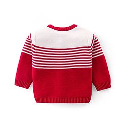 Babyhug Knit Full Sleeves Front Open Sweater Set with Cap & Stripes Design - Red & White