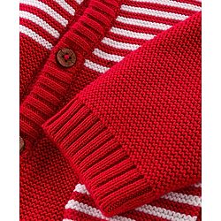 Babyhug Knit Full Sleeves Front Open Sweater Set with Cap & Stripes Design - Red & White