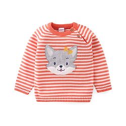 Babyhug Knitted Full Sleeves Striped Sweater Set with Cap & Fox Patch - Peach