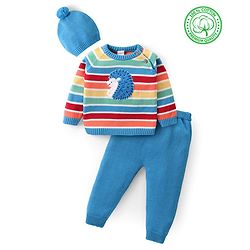 Babyhug Knitted Full Sleeves Pullover Striped Sweater Set with Cap & Hedgehog Design- Multicolour