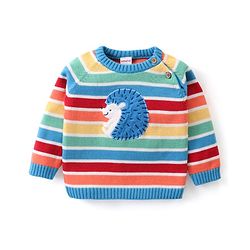 Babyhug Knitted Full Sleeves Pullover Striped Sweater Set with Cap & Hedgehog Design- Multicolour