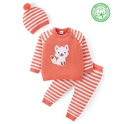 Babyhug Knit Full Sleeves Sweater Set with Cap Fox Design - Orange