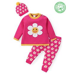 Babyhug Knitted Full Sleeves Pullover Floral Designed Sweater Set with Cap- Dark Pink