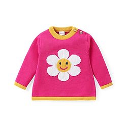 Babyhug Knitted Full Sleeves Pullover Floral Designed Sweater Set with Cap- Dark Pink