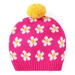 Babyhug Knitted Full Sleeves Pullover Floral Designed Sweater Set with Cap- Dark Pink