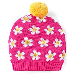Babyhug Knitted Full Sleeves Pullover Floral Designed Sweater Set with Cap- Dark Pink