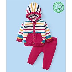 Babyhug Cotton Knit Full Sleeves Front Open Hooded Sweater Set with Stripes Design - Red