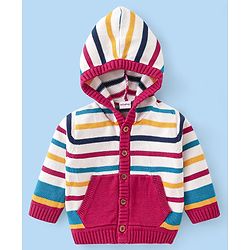Babyhug Cotton Knit Full Sleeves Front Open Hooded Sweater Set with Stripes Design - Red