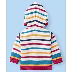 Babyhug Cotton Knit Full Sleeves Front Open Hooded Sweater Set with Stripes Design - Red