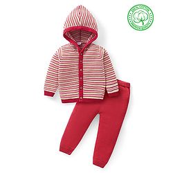 Babyhug Knitted Full Sleeves Striped Hooded Sweater Set - Red