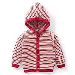 Babyhug Knitted Full Sleeves Striped Hooded Sweater Set - Red
