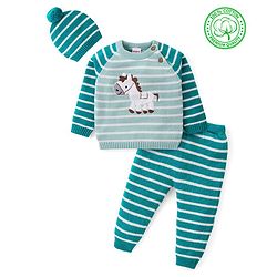 Babyhug Knitted Full Raglan Sleeves Pullover Sweater Set With Cap & Horse Patch Detailing - Green