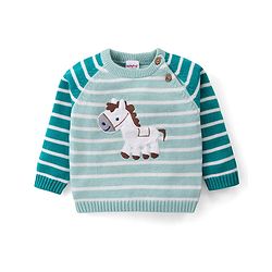 Babyhug Knitted Full Raglan Sleeves Pullover Sweater Set With Cap & Horse Patch Detailing - Green