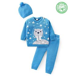 Babyhug Knitted Full Sleeves Pullover Sweater Set with Cap & Bear Design- Blue