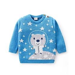 Babyhug Knitted Full Sleeves Pullover Sweater Set with Cap & Bear Design- Blue