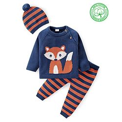Babyhug Knitted Full Raglan Sleeves Pullover Sweater Set with Cap Striped & Fox Design - Navy Blue & Orange