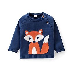 Babyhug Knitted Full Raglan Sleeves Pullover Sweater Set with Cap Striped & Fox Design - Navy Blue & Orange