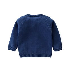 Babyhug Knitted Full Raglan Sleeves Pullover Sweater Set with Cap Striped & Fox Design - Navy Blue & Orange