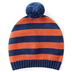 Babyhug Knitted Full Raglan Sleeves Pullover Sweater Set with Cap Striped & Fox Design - Navy Blue & Orange