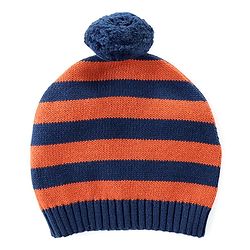 Babyhug Knitted Full Raglan Sleeves Pullover Sweater Set with Cap Striped & Fox Design - Navy Blue & Orange