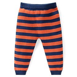 Babyhug Knitted Full Raglan Sleeves Pullover Sweater Set with Cap Striped & Fox Design - Navy Blue & Orange