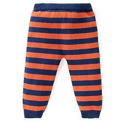 Babyhug Knitted Full Raglan Sleeves Pullover Sweater Set with Cap Striped & Fox Design - Navy Blue & Orange