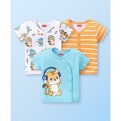 Babyhug 100% Cotton Knit Set of  Vests with Striped Crocodile & Tiger Print Pack of 3 - Multicolour