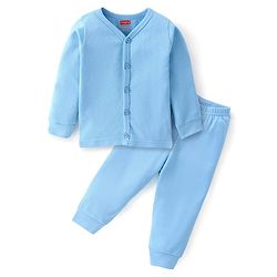 Babyhug Full Sleeves Front Open Solid Thermal Vest & Pant - Blue