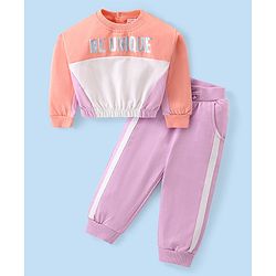 Babyhug Terry Knit Full Sleeves Top & Pants Set With Text Print - Pink & White